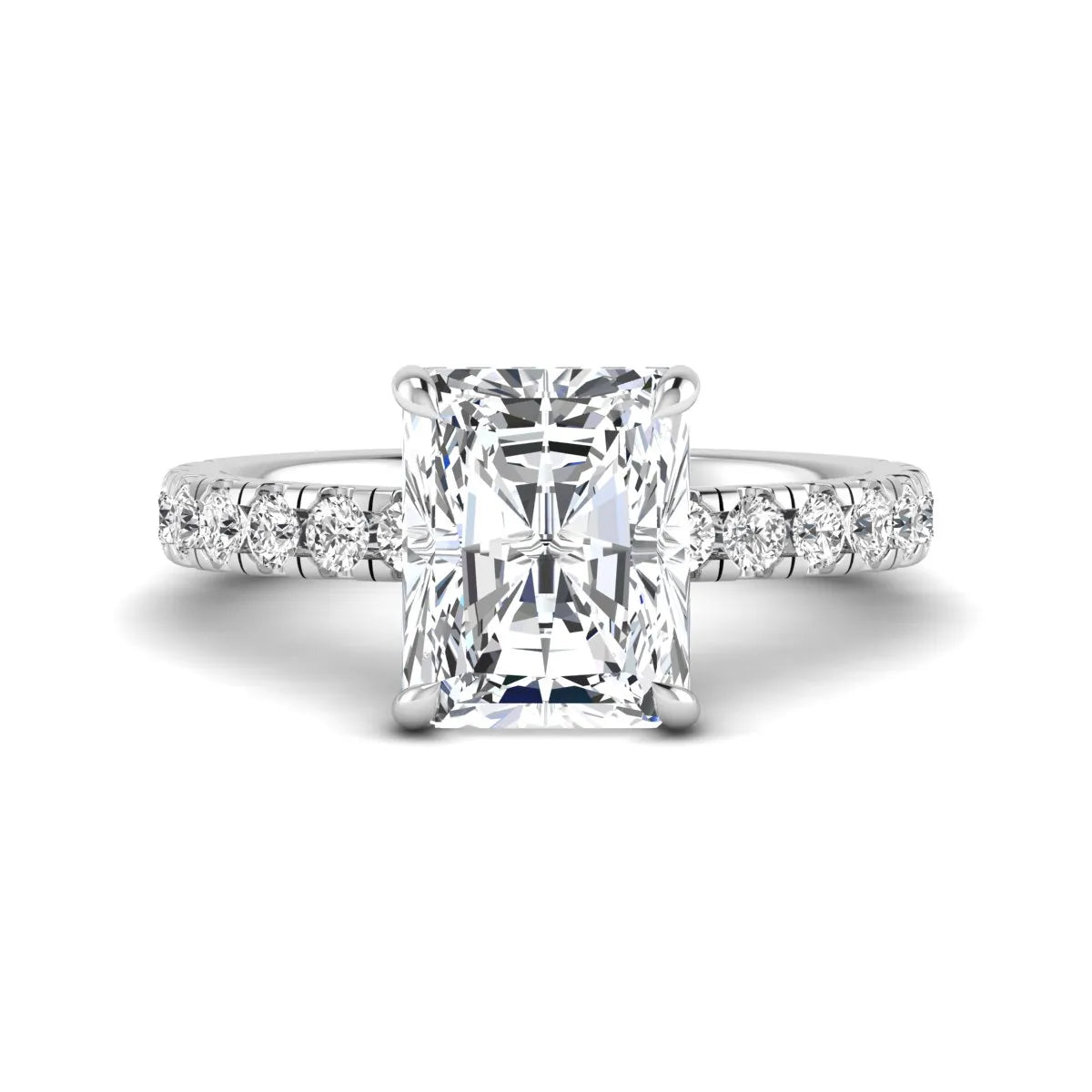 Radiant Hidden Halo Lab Grown Diamond Engagement Ring featuring a 10.00 × 8.00 mm radiant-cut center diamond with a hidden halo, pavé diamond band, and four-prong setting in white gold