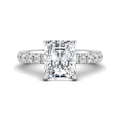 Radiant Hidden Halo Lab Grown Diamond Engagement Ring featuring a 10.00 × 8.00 mm radiant-cut center diamond with a hidden halo, pavé diamond band, and four-prong setting in white gold