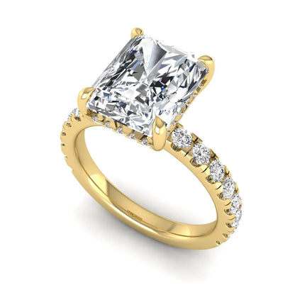 Radiant Hidden Halo Lab Grown Diamond Engagement Ring featuring a 10.00 × 8.00 mm radiant-cut center diamond with a hidden halo, pavé diamond band, and four-prong setting in yellow gold