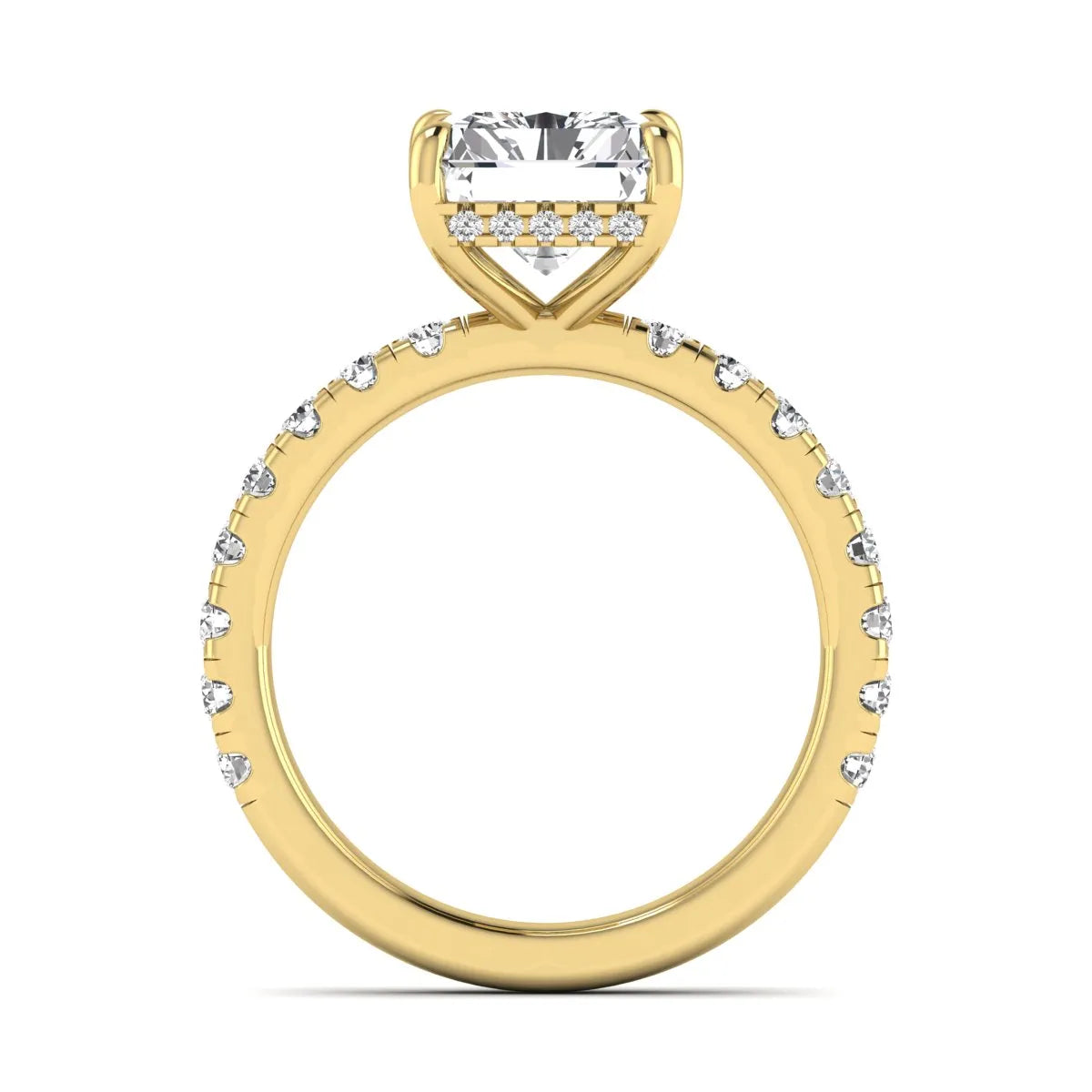 Radiant Hidden Halo Lab Grown Diamond Engagement Ring featuring a 10.00 × 8.00 mm radiant-cut center diamond with a hidden halo, pavé diamond band, and four-prong setting in yellow gold