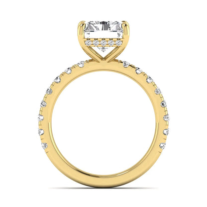 Radiant Hidden Halo Lab Grown Diamond Engagement Ring featuring a 10.00 × 8.00 mm radiant-cut center diamond with a hidden halo, pavé diamond band, and four-prong setting in yellow gold