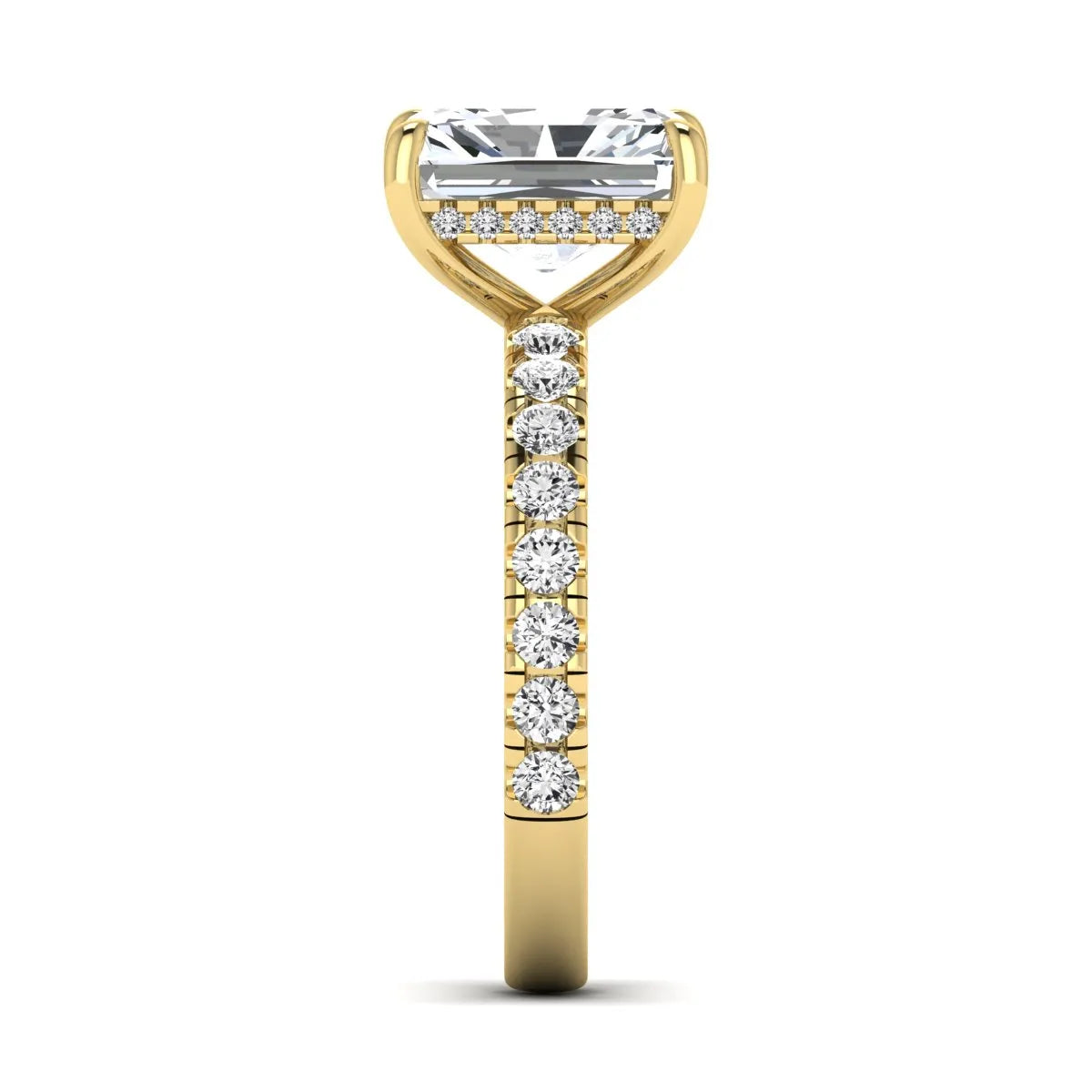 Radiant Hidden Halo Lab Grown Diamond Engagement Ring featuring a 10.00 × 8.00 mm radiant-cut center diamond with a hidden halo, pavé diamond band, and four-prong setting in yellow gold