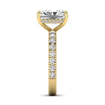 Radiant Hidden Halo Lab Grown Diamond Engagement Ring featuring a 10.00 × 8.00 mm radiant-cut center diamond with a hidden halo, pavé diamond band, and four-prong setting in yellow gold