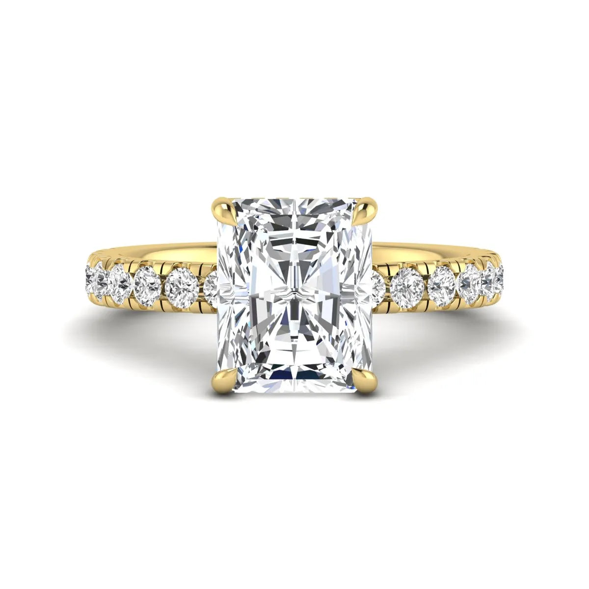Radiant Hidden Halo Lab Grown Diamond Engagement Ring featuring a 10.00 × 8.00 mm radiant-cut center diamond with a hidden halo, pavé diamond band, and four-prong setting in yellow gold