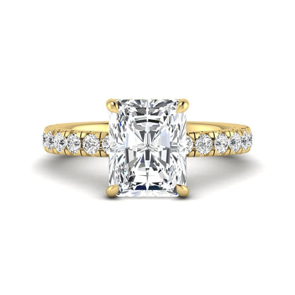 Radiant Hidden Halo Lab Grown Diamond Engagement Ring featuring a 10.00 × 8.00 mm radiant-cut center diamond with a hidden halo, pavé diamond band, and four-prong setting in yellow gold