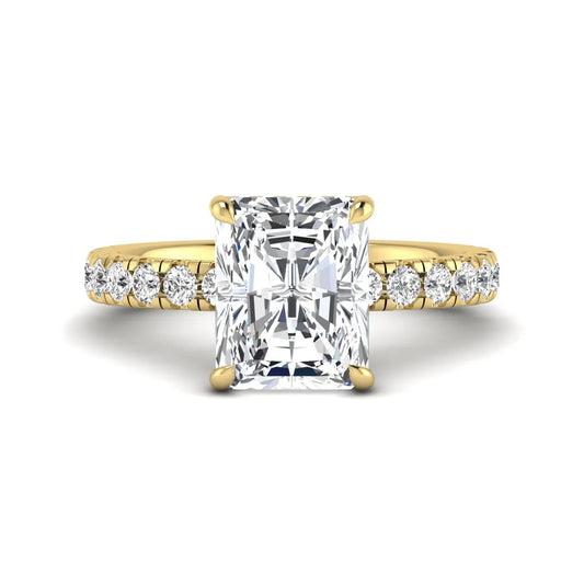 Radiant Hidden Halo Lab Grown Diamond Engagement Ring featuring a 10.00 × 8.00 mm radiant-cut center diamond with a hidden halo, pavé diamond band, and four-prong setting in yellow gold