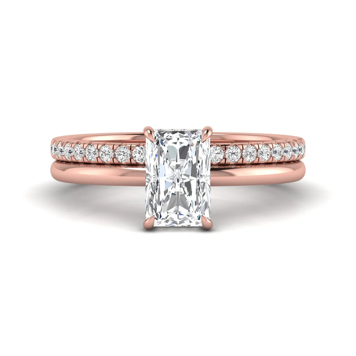 Radiant cut lab grown diamond hidden halo engagement ring with pavé matching wedding band in a rose gold setting