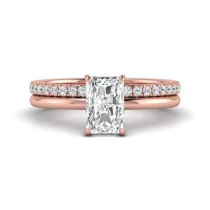 Radiant cut lab grown diamond hidden halo engagement ring with pavé matching wedding band in a rose gold setting