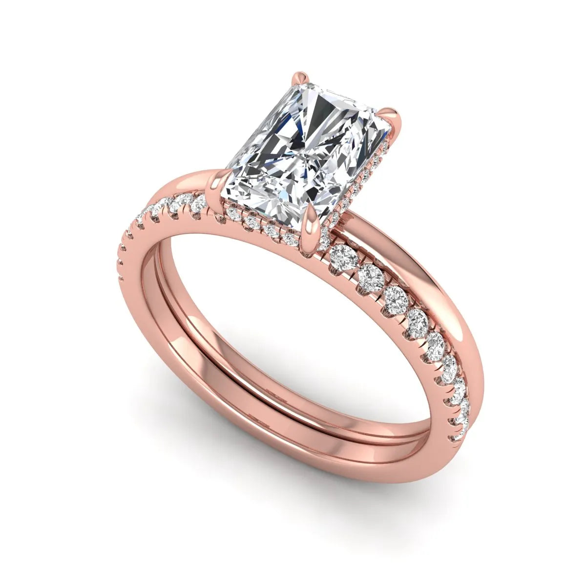 Radiant cut lab grown diamond hidden halo engagement ring with pavé matching wedding band in a rose gold setting