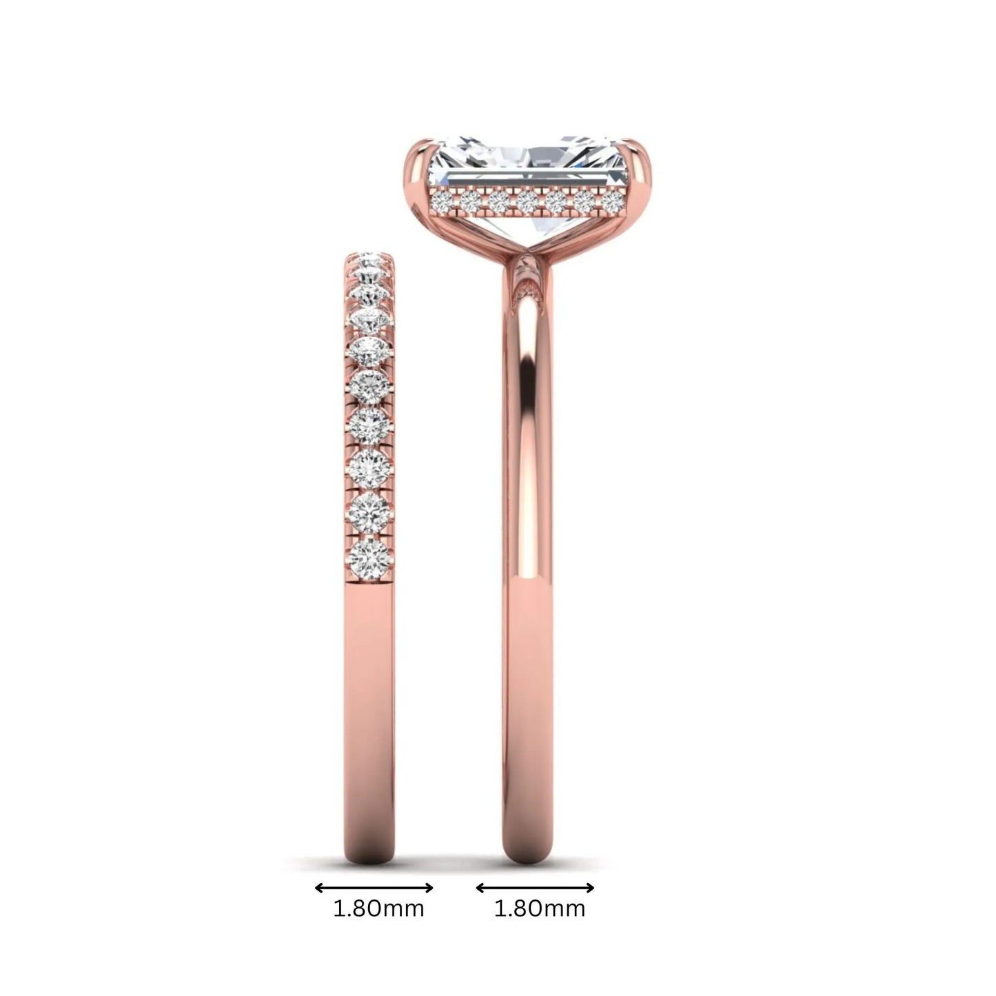 Radiant cut lab grown diamond hidden halo engagement ring with pavé matching wedding band in a rose gold setting