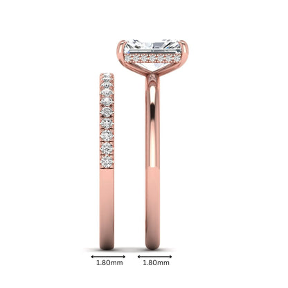 Radiant cut lab grown diamond hidden halo engagement ring with pavé matching wedding band in a rose gold setting