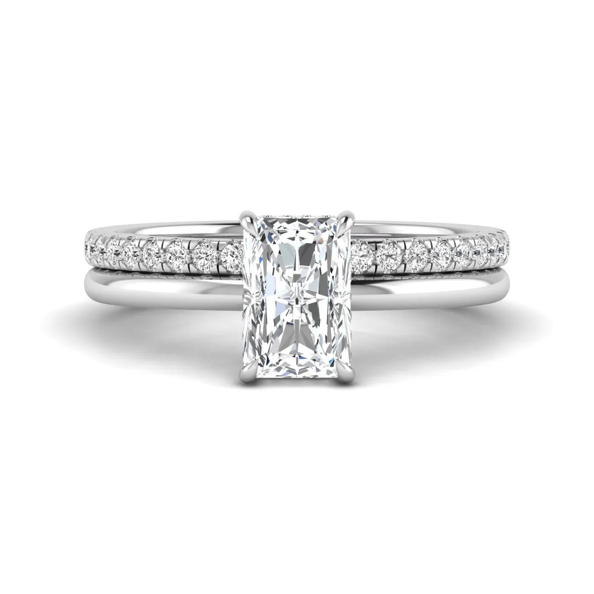 Radiant cut lab grown diamond hidden halo engagement ring with pavé matching wedding band in a white gold setting