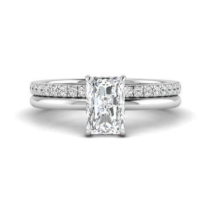 Radiant cut lab grown diamond hidden halo engagement ring with pavé matching wedding band in a white gold setting