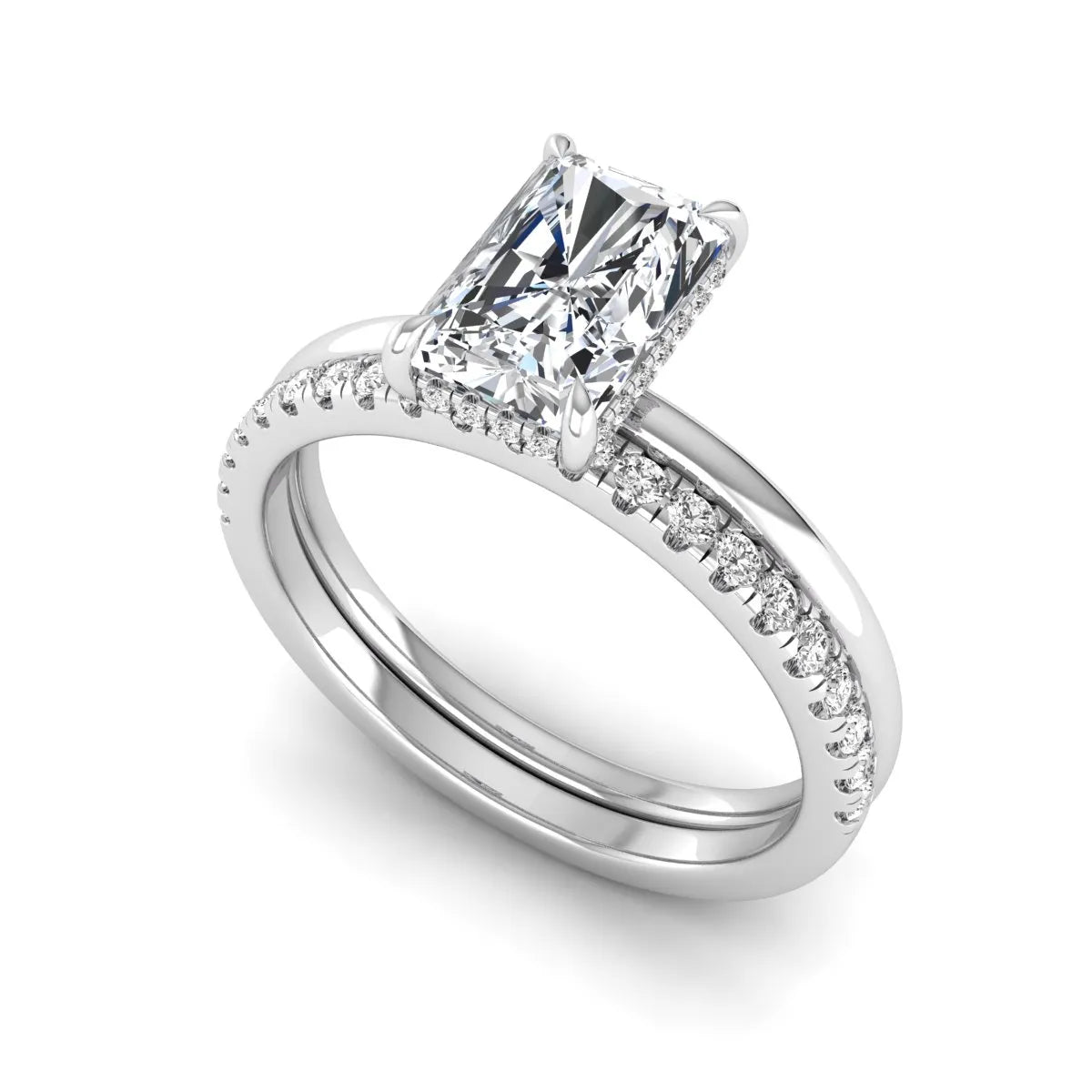 Radiant cut lab grown diamond hidden halo engagement ring with pavé matching wedding band in a white gold setting