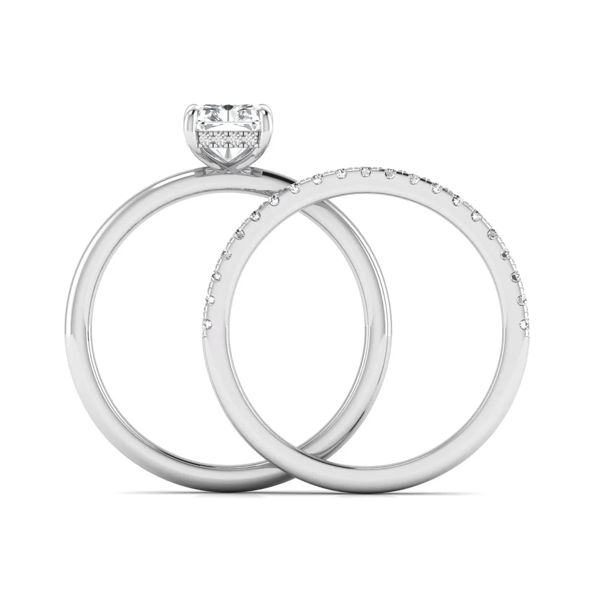 Radiant cut lab grown diamond hidden halo engagement ring with pavé matching wedding band in a white gold setting