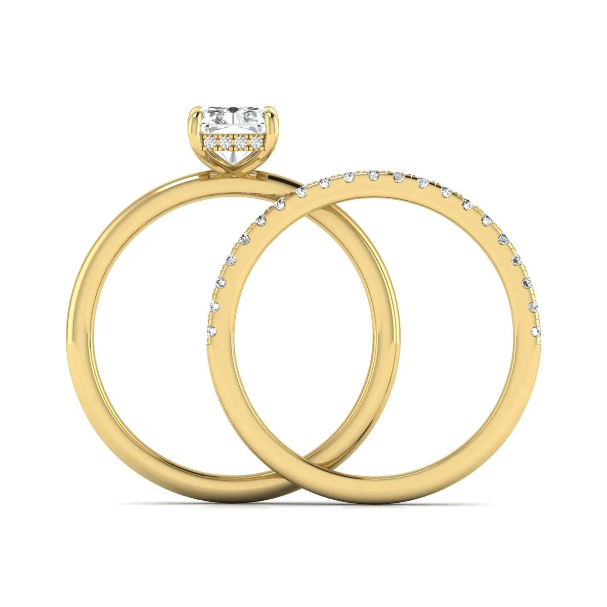 Radiant cut lab grown diamond hidden halo engagement ring with pavé matching wedding band in a yellow gold setting