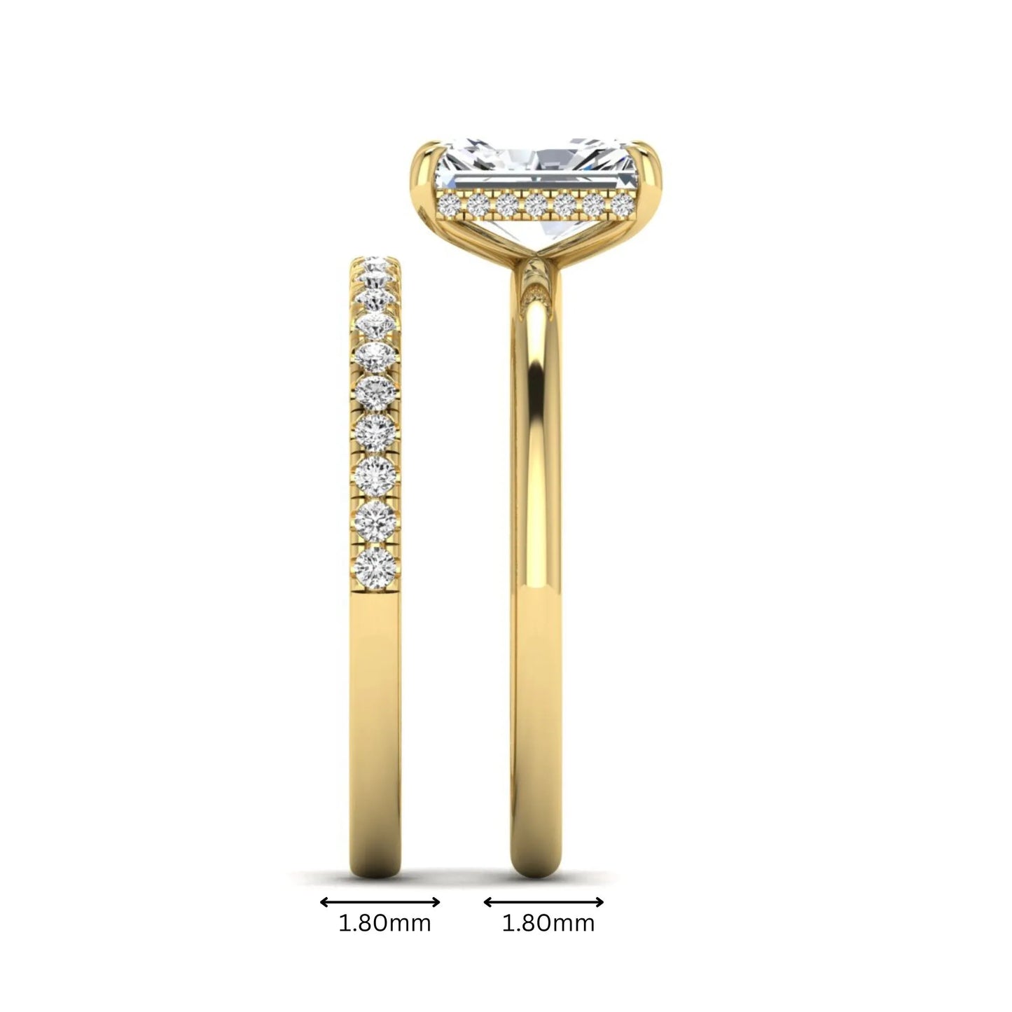 Radiant cut lab grown diamond hidden halo engagement ring with pavé matching wedding band in a yellow gold setting