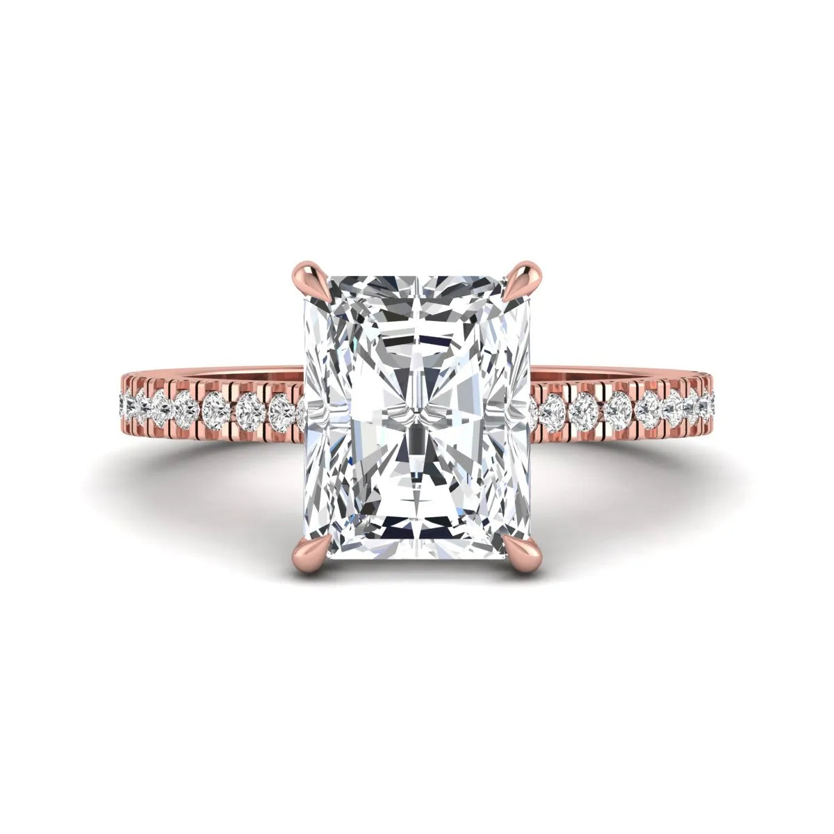 IGI Certified 3.49 carat radiant cut lab grown diamond hidden halo engagement ring with pavé band in rose gold.