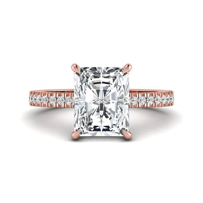 IGI Certified 3.49 carat radiant cut lab grown diamond hidden halo engagement ring with pavé band in rose gold.