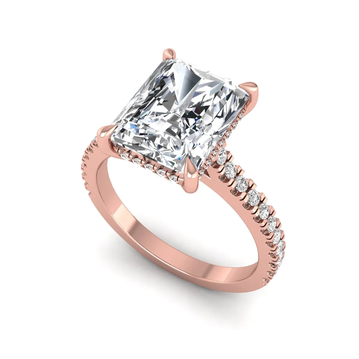 IGI Certified 3.49 carat radiant cut lab grown diamond hidden halo engagement ring with pavé band in rose gold.