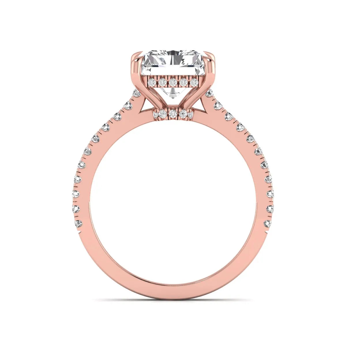 IGI Certified 3.49 carat radiant cut lab grown diamond hidden halo engagement ring with pavé band in rose gold.