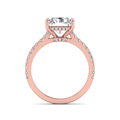 IGI Certified 3.49 carat radiant cut lab grown diamond hidden halo engagement ring with pavé band in rose gold.