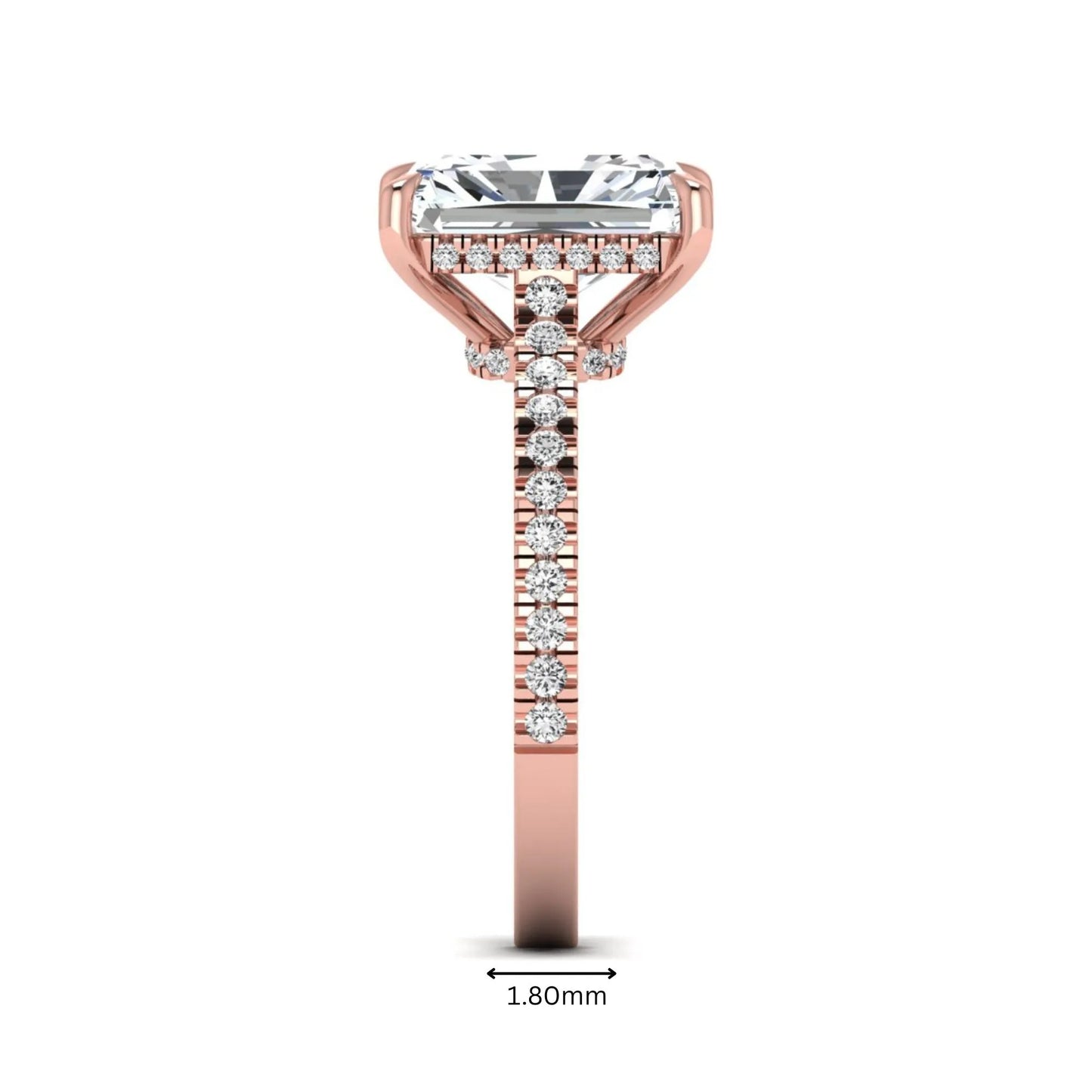 IGI Certified 3.49 carat radiant cut lab grown diamond hidden halo engagement ring with pavé band in rose gold.