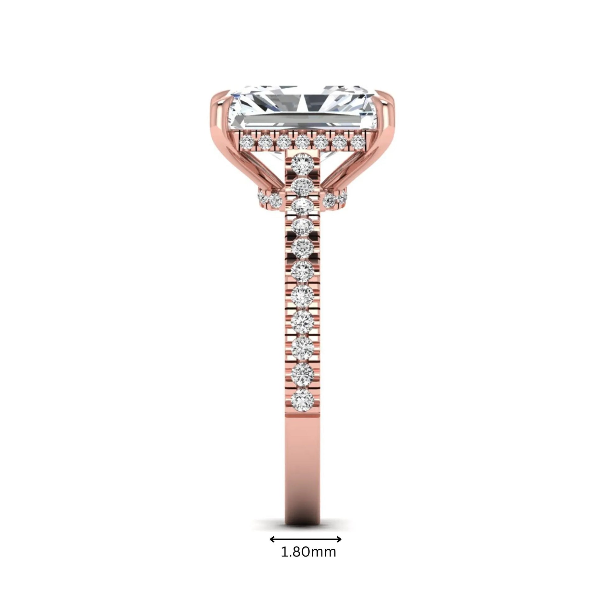 IGI Certified 3.49 carat radiant cut lab grown diamond hidden halo engagement ring with pavé band in rose gold.