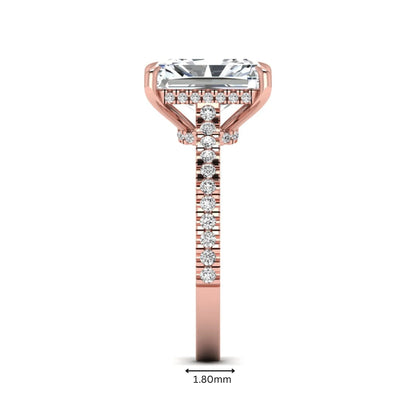 IGI Certified 3.49 carat radiant cut lab grown diamond hidden halo engagement ring with pavé band in rose gold.