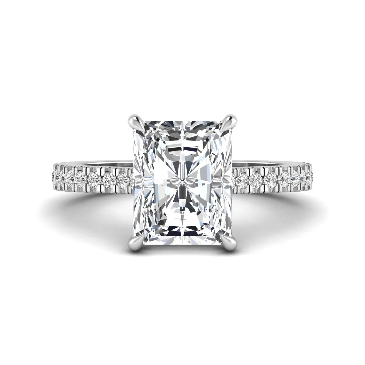 IGI Certified 3.49 carat radiant cut lab grown diamond hidden halo engagement ring with pavé band in white gold.