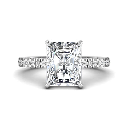IGI Certified 3.49 carat radiant cut lab grown diamond hidden halo engagement ring with pavé band in white gold.