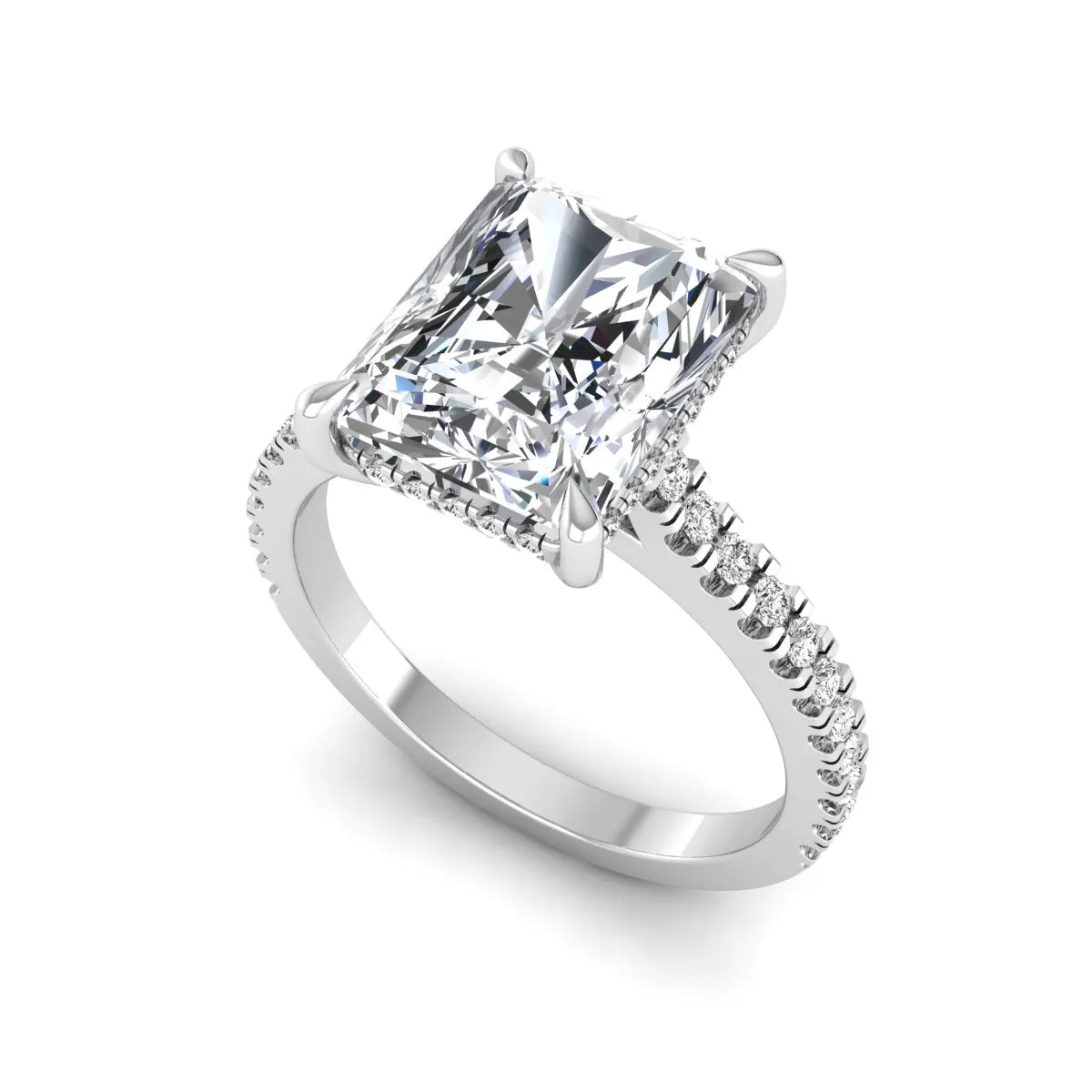 IGI Certified 3.49 carat radiant cut lab grown diamond hidden halo engagement ring with pavé band in white gold.