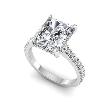IGI Certified 3.49 carat radiant cut lab grown diamond hidden halo engagement ring with pavé band in white gold.
