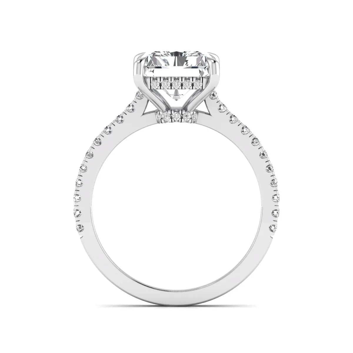 IGI Certified 3.49 carat radiant cut lab grown diamond hidden halo engagement ring with pavé band in white gold.