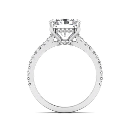 IGI Certified 3.49 carat radiant cut lab grown diamond hidden halo engagement ring with pavé band in white gold.
