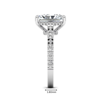 IGI Certified 3.49 carat radiant cut lab grown diamond hidden halo engagement ring with pavé band in white gold.