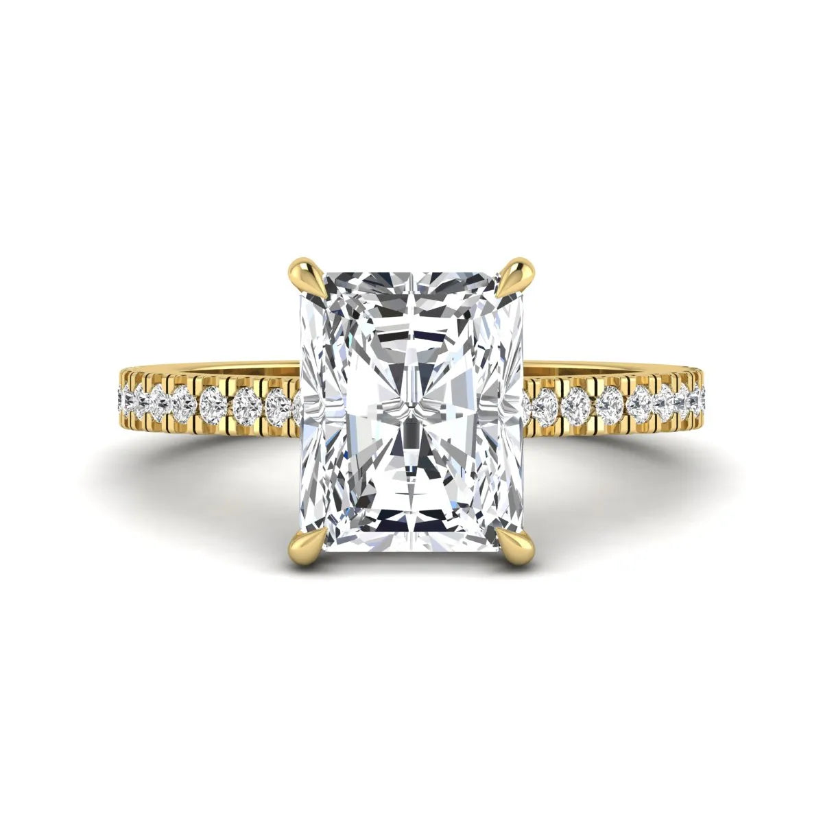 IGI Certified 3.49 carat radiant cut lab grown diamond hidden halo engagement ring with pavé band in yellow gold.