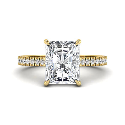 IGI Certified 3.49 carat radiant cut lab grown diamond hidden halo engagement ring with pavé band in yellow gold.