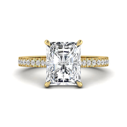 IGI Certified 3.49 carat radiant cut lab grown diamond hidden halo engagement ring with pavé band in yellow gold.
