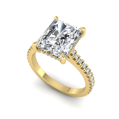 IGI Certified 3.49 carat radiant cut lab grown diamond hidden halo engagement ring with pavé band in yellow gold.