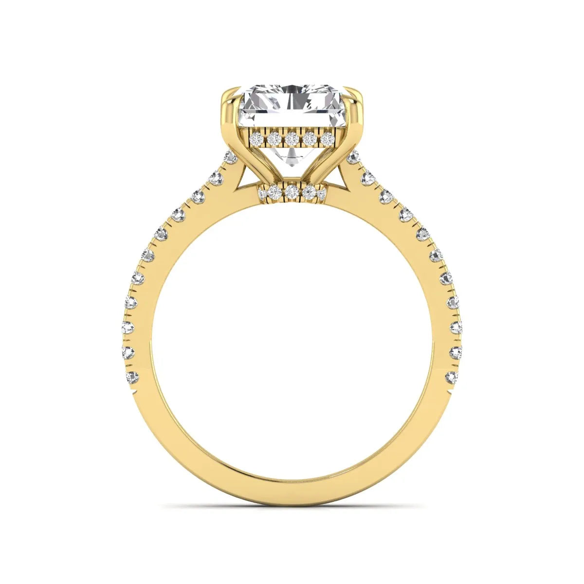 IGI Certified 3.49 carat radiant cut lab grown diamond hidden halo engagement ring with pavé band in yellow gold.