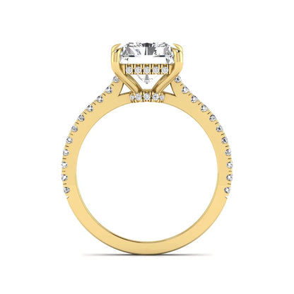 IGI Certified 3.49 carat radiant cut lab grown diamond hidden halo engagement ring with pavé band in yellow gold.