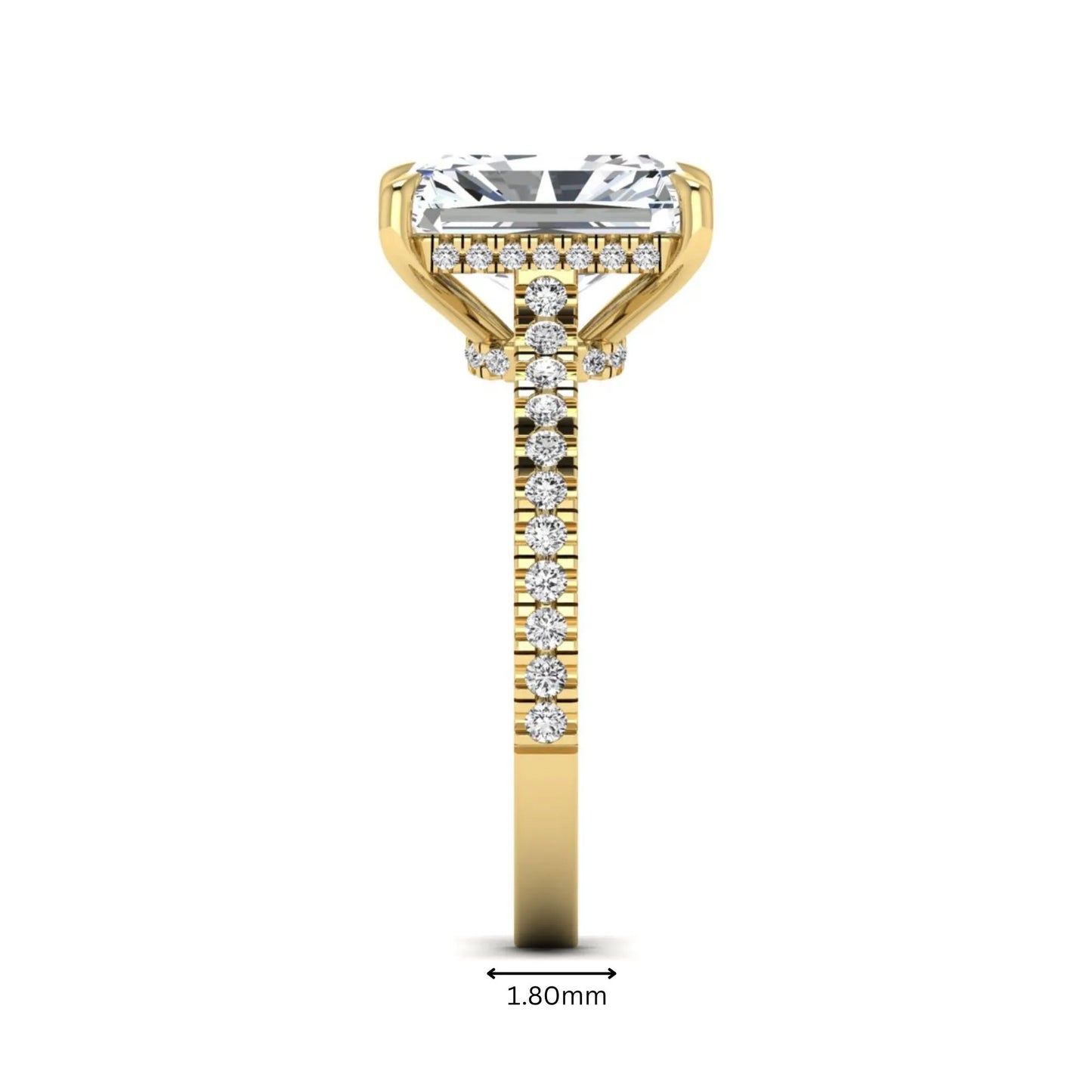 IGI Certified 3.49 carat radiant cut lab grown diamond hidden halo engagement ring with pavé band in yellow gold.