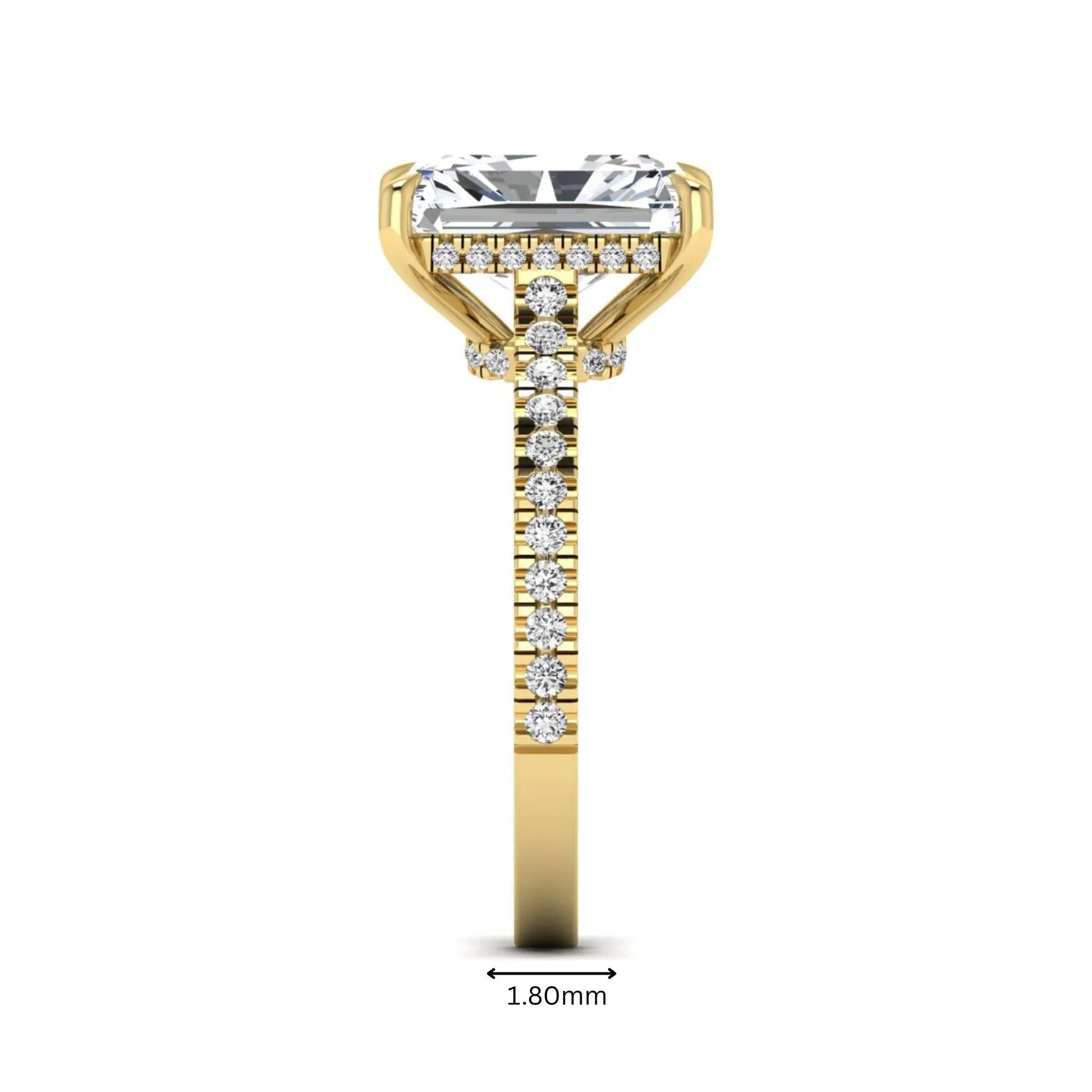 IGI Certified 3.49 carat radiant cut lab grown diamond hidden halo engagement ring with pavé band in yellow gold.