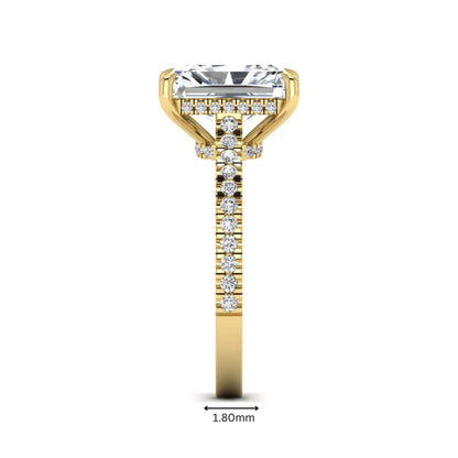 IGI Certified 3.49 carat radiant cut lab grown diamond hidden halo engagement ring with pavé band in yellow gold.