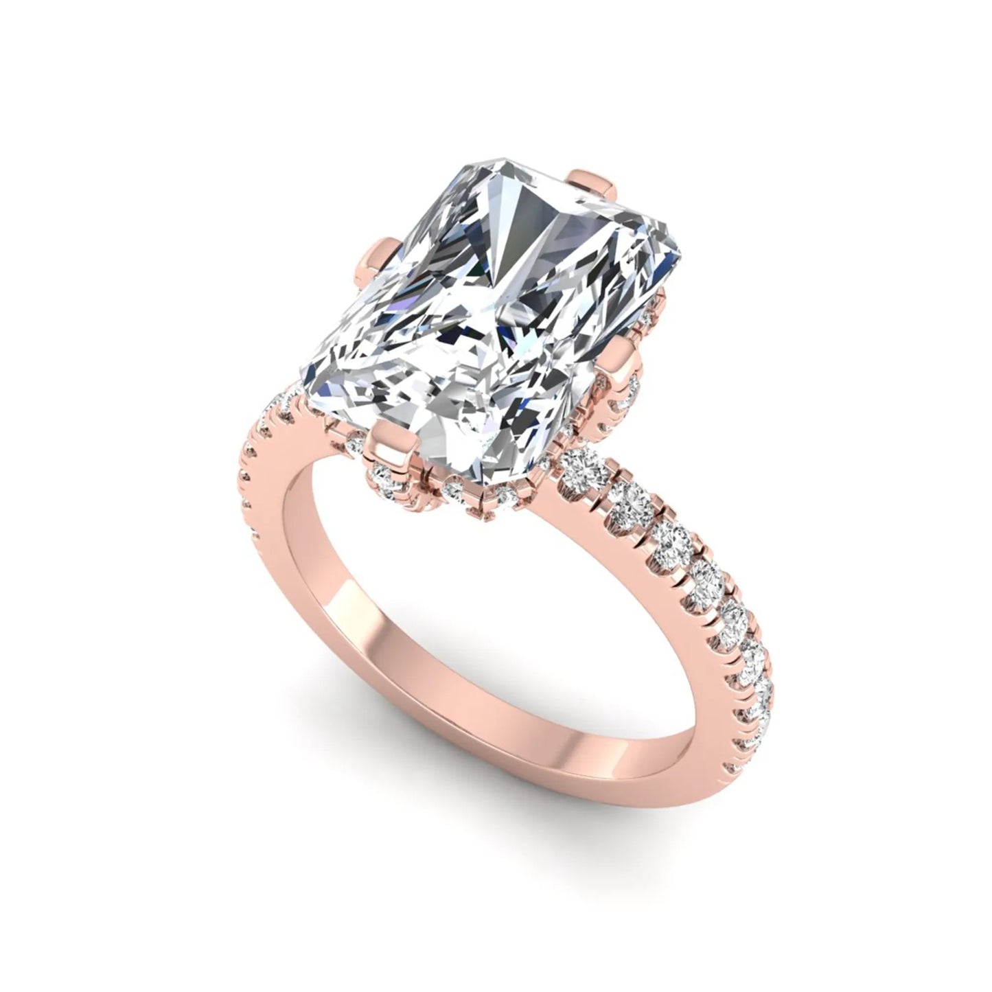 Rose-gold ring with a large diamond and smaller diamonds on the band against a white background