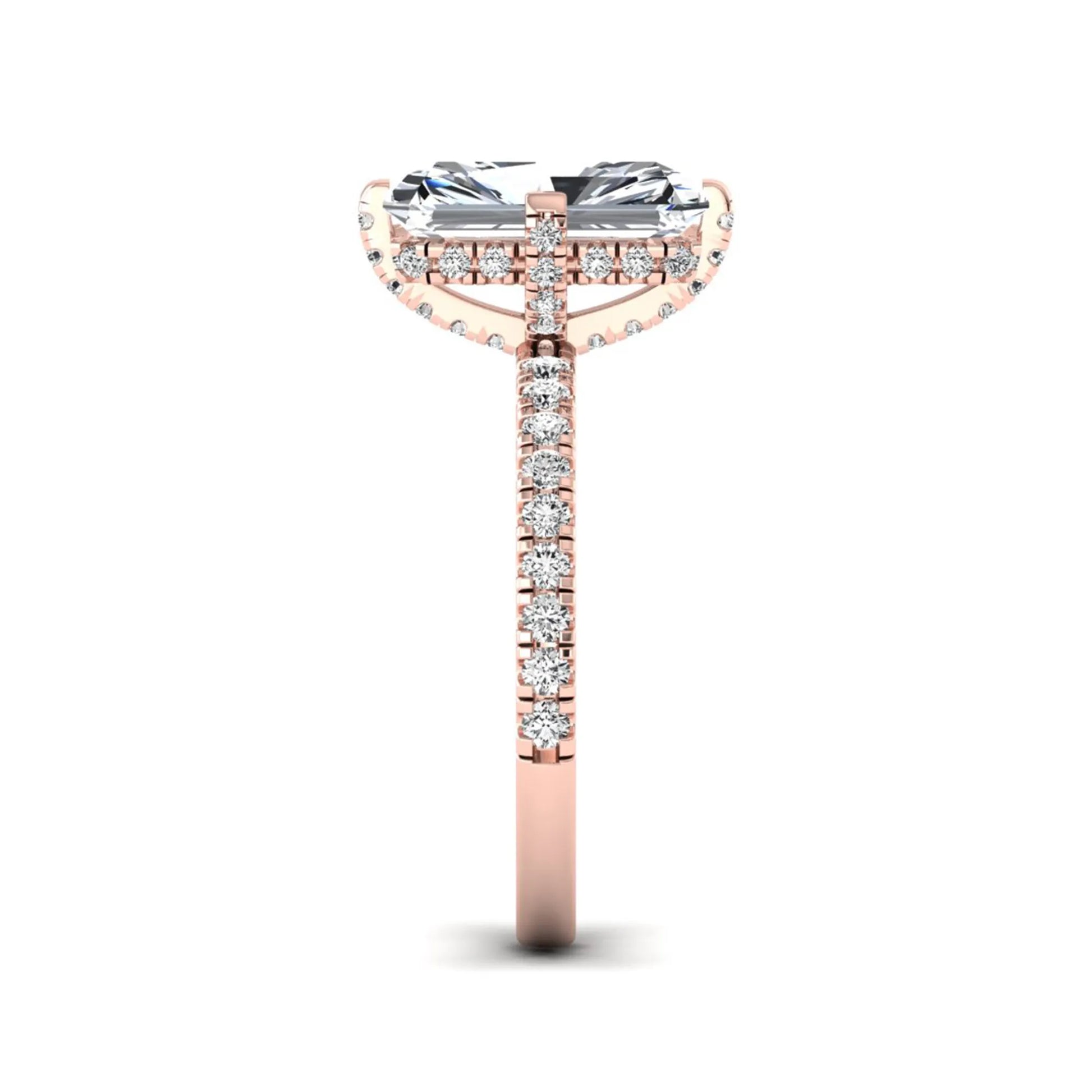 Rose-gold ring with a diamond band on a white background