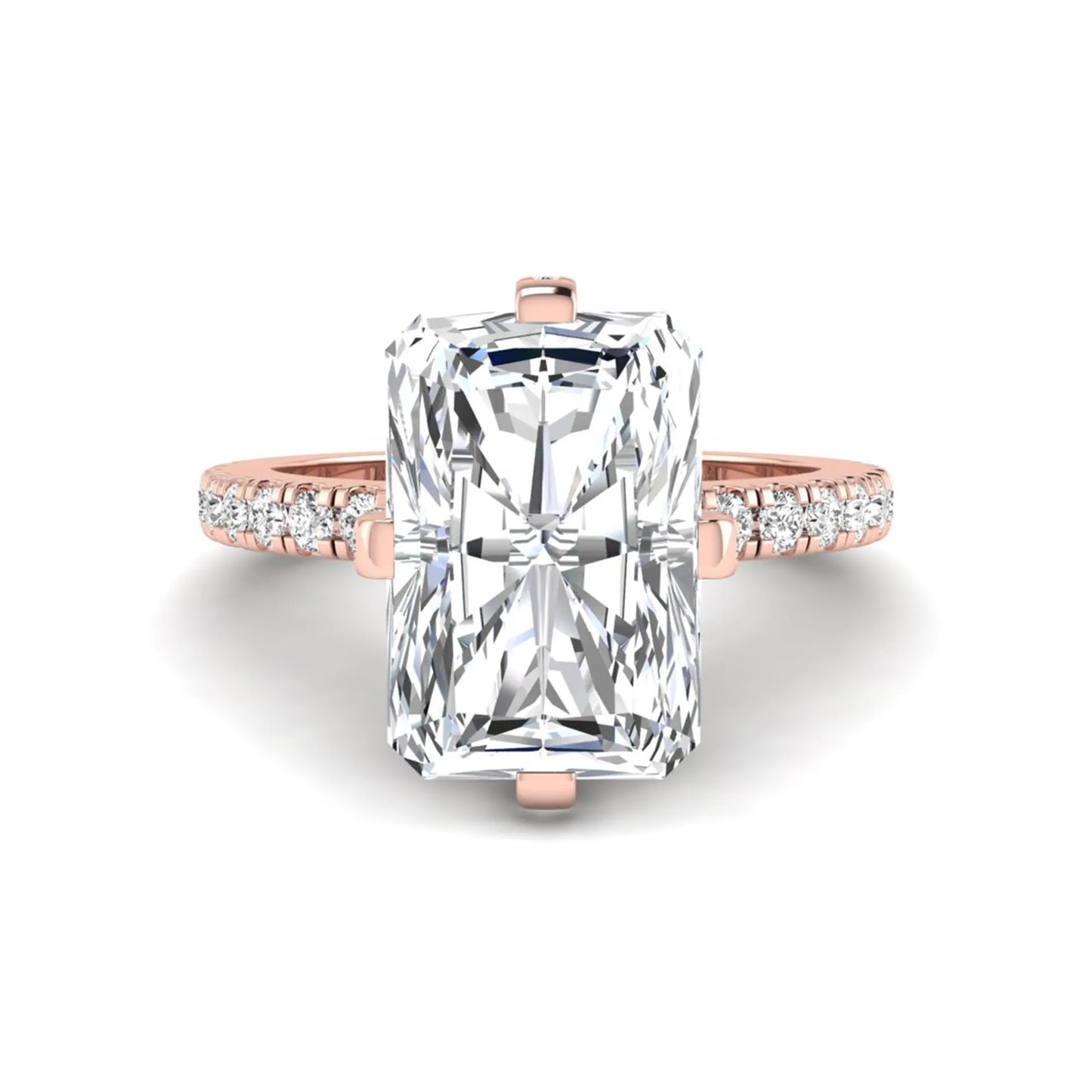 Rose-gold ring with a large diamond and smaller diamonds on the band against a white background