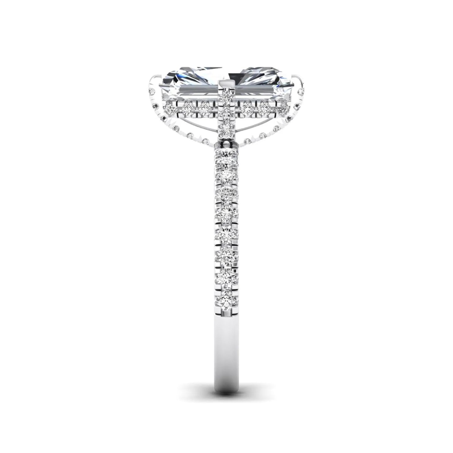 white-gold Diamond ring with a central emerald-cut stone and smaller diamonds on a white background