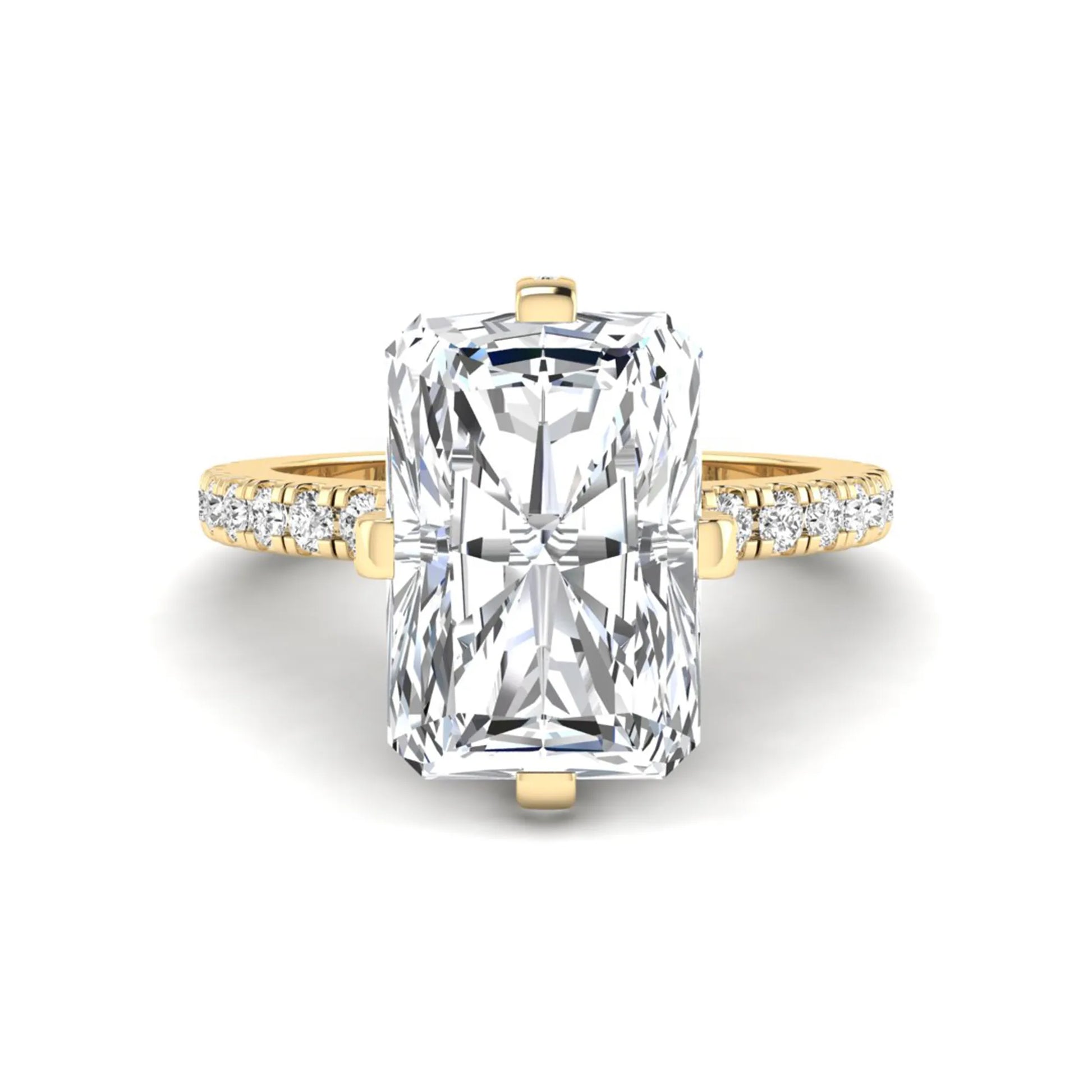 yellow-gold Gold ring with a large rectangular diamond and smaller diamonds on the sides against a white background